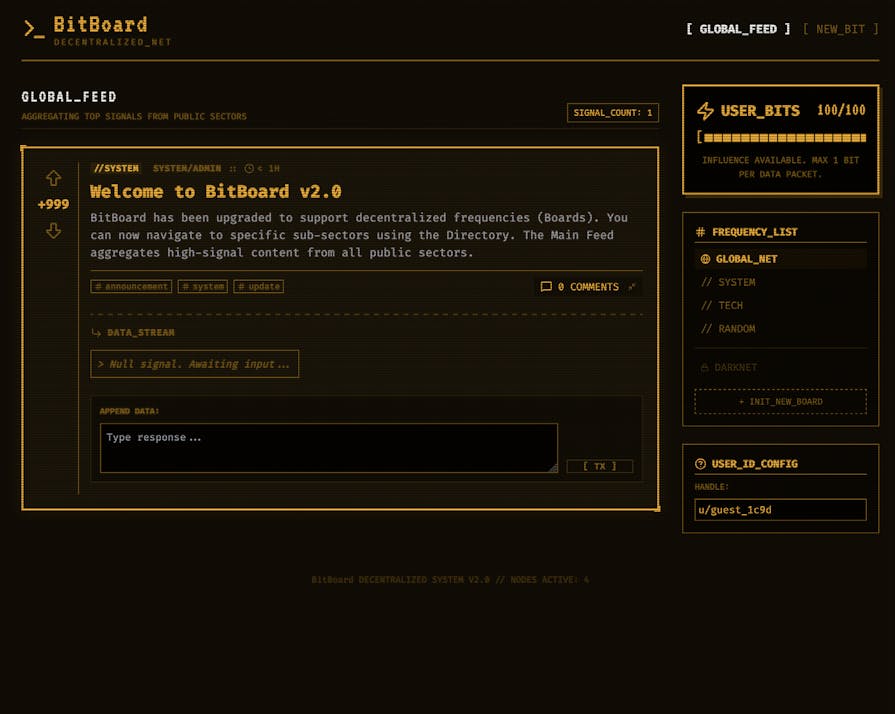  A mockup of a social media style site in a black and orange terminal console style. Users have limited credits for up/down votes