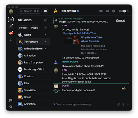 A screenshot of the Element Matrix client showing the contents of the Ten Forward room. 