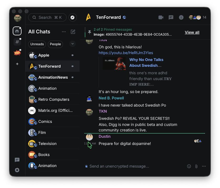 A screenshot of the Element Matrix client showing the contents of the Ten Forward room. 