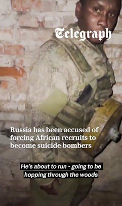 A person in military gear stands against a brick wall, with text discussing accusations against Russia regarding forced recruits.
