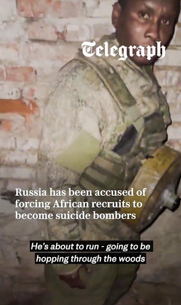 A person in military gear stands against a brick wall, with text discussing accusations against Russia regarding forced recruits.